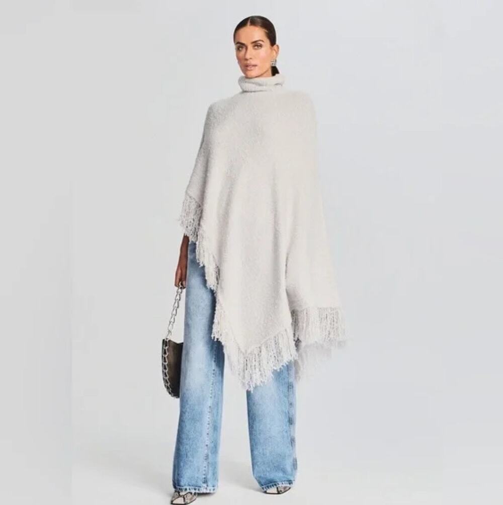 Ser.O.Ya Frost Poncho Wool Blend Fringe Hem Boho Silver Beige Women's XXS/XS